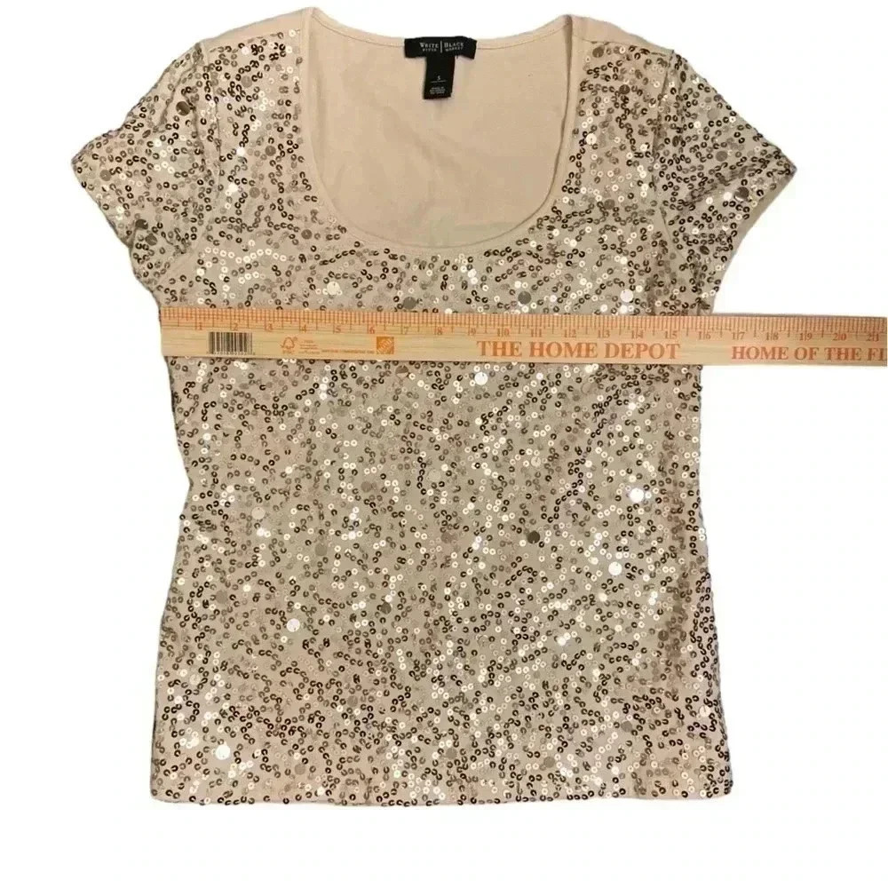 White House Black Market WHBM Beige Gold Sequin Shirt. Size S - Picture 4 of 8